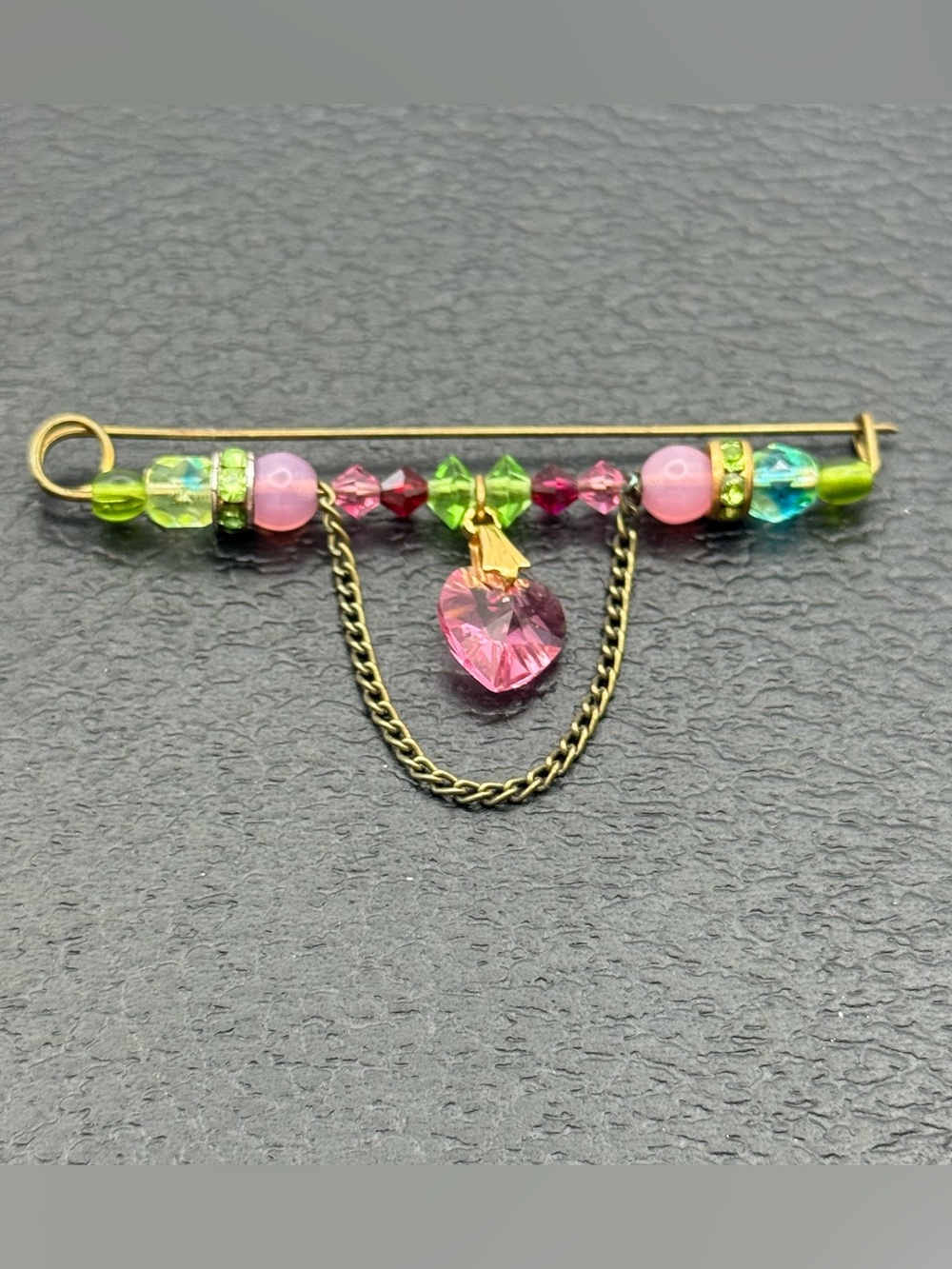 Vintage handmade Pink Heart Crystal Safety Pin Brooch with Green Accent Beads